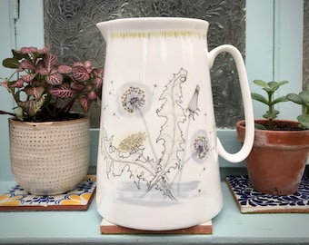 Dandelion Bone China 3 Pint Pitcher: Floral Milk Water Jug, Botanical Illustration Vase