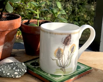 Teasel Small Bone China Mug: Botanical Hedgerow Illustration Tea Coffee Cup