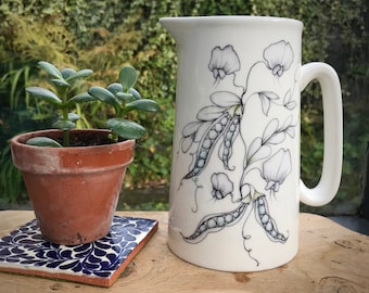 Trailing Pea Bone China Pitcher: Sweetpea Botanical Illustration Milk Jug, 2 Pint
