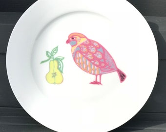 Retro Partridge Pear Bone China Side Plate: Pink Bird Seventies Breakfast Tea