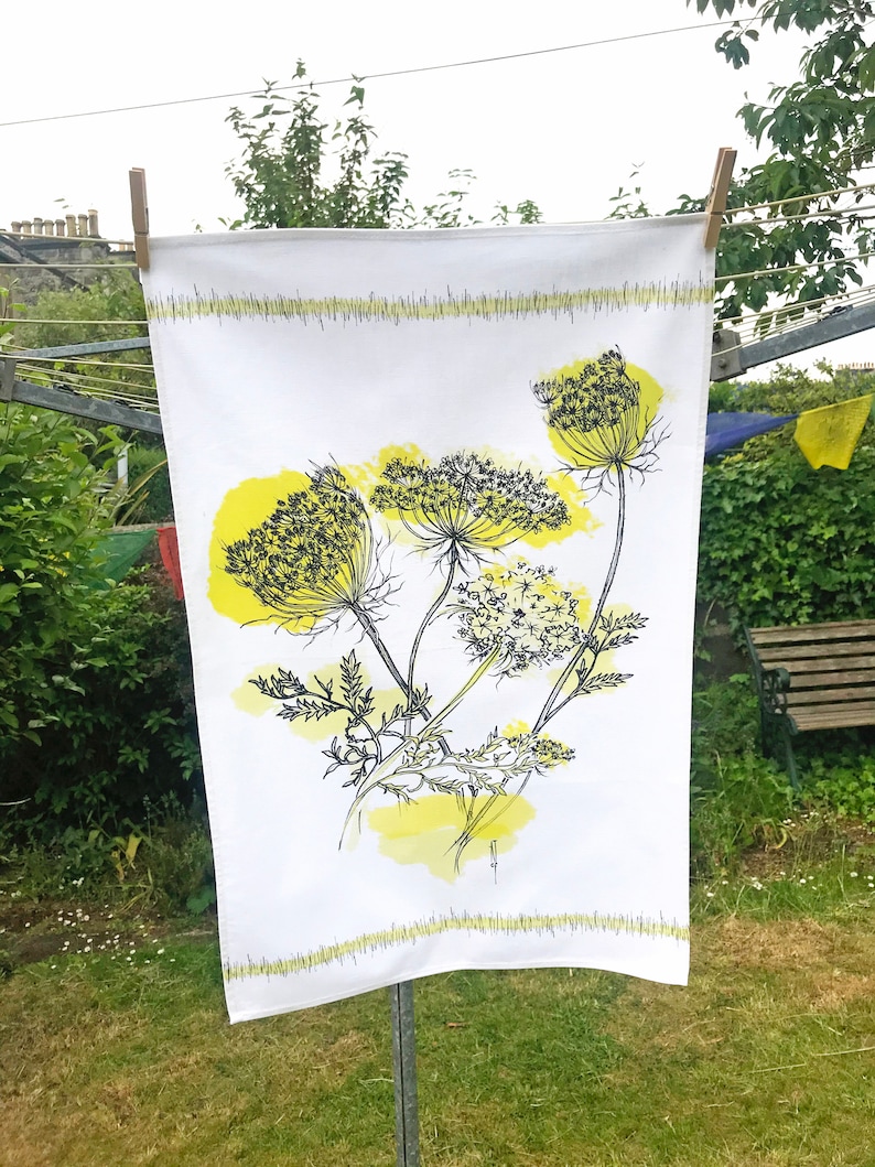 50s Cow Parsley Tea Towel Fifties Style Mid-Century modern Dish Towel Cow Parsley Floral Design Cloth Textile cow Parsley Tea Cloth