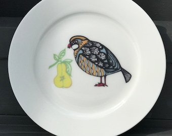 Retro Partridge & Pear Bone China Plate: Seventies Style Breakfast Ware