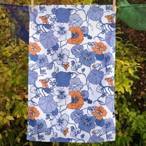 Nasturtium Print Tea Towel Stylish Blue Orange Nasturtium  Dish Towel Nasturtium Design Cloth Textile Floral Tea Cloth Botanical Drawing