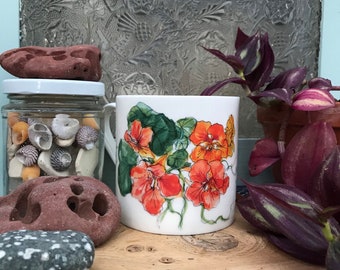 Nasturtium Bone China Mug: Watercolor Floral Botanical Large Tea Coffee Cup