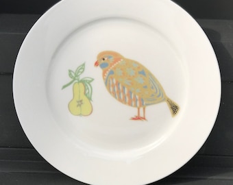 Retro Partridge Pear Bone China Side Plate: Ochre Yellow Bird Design
