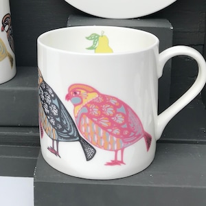 Retro Partridge Pear Bone China Mug: Large Seventies Style Pink Bird Tea Coffee Cup