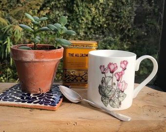 Cyclamen Floral Bone China Mug: Botanical Illustration Tea Coffee Cup