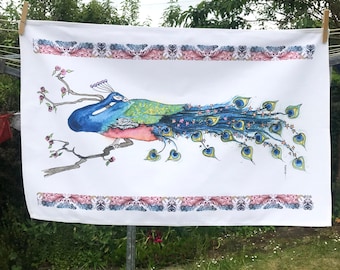 Peacock Tea Towel: Oriental Design, Cotton Dish Cloth