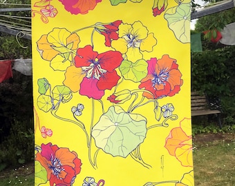 Wild Nasturtium Print Tea Towel: Bright Yellow Floral Cotton Dish Cloth