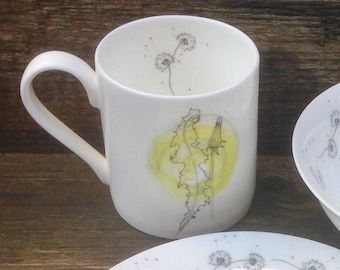 Fifties Dandelion Bone China Mug: Illustrated Floral Tea Coffee Cup