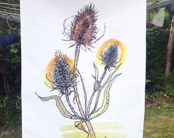 50s Teasel Tea Towel: Mid-Century Modern Kitchen Decor Thistle Dish Cloth