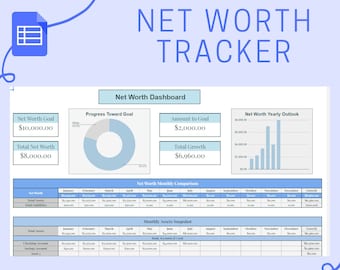 Modello di foglio di calcolo per il monitoraggio del patrimonio netto per fogli Google, calcolatore finanziario personale, dashboard di attività e passività, risoluzione del nuovo anno