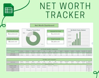 Modello di foglio di calcolo per il monitoraggio del patrimonio netto per fogli Google, calcolatore finanziario personale, dashboard di attività e passività, risoluzione del nuovo anno