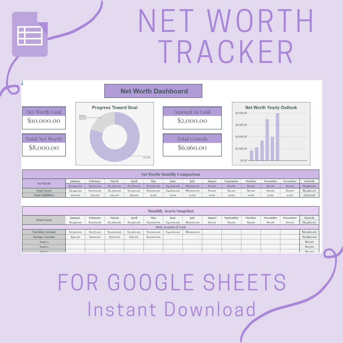 Net Worth Tracker Spreadsheet Template for Google Sheets, Personal ...
