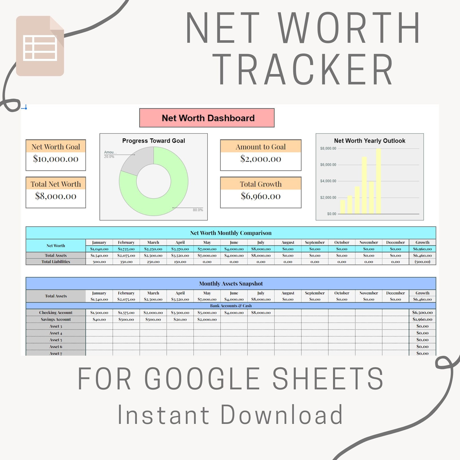 Net Worth Tracker Spreadsheet Template for Google Sheets, Personal ...