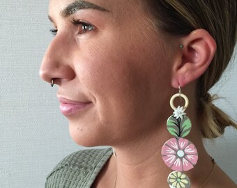 Garden Love Statement Earrings - Lightweight Chandelier -  Mid-century Modern Vintage Wallpaper Border Trim
