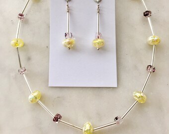 Jewelry Set - Vintage Iridescent Glass & Venetian Glass Necklace with matching Statement Earrings- Lightweight Dangle - Modern Style