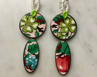 Pink Fruit Statement Earrings - Lightweight Chandelier -  Mid-century Modern Vintage Wallpaper Border Trim