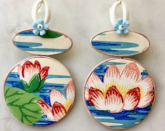 Lotus Love Statement Earrings - Lightweight Chandelier-  Mid-century Modern Vintage Wallpaper Border Trim
