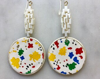 Confetti Trivet (circle) Statement Earrings - Lightweight Dangle -  Mid-century Modern Vintage Wallpaper Border Trim