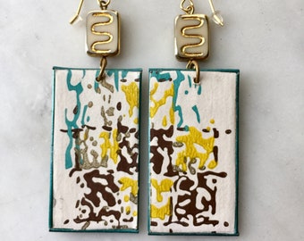 Mosaic Border (rectangle) Statement Earrings - Lightweight Dangle -  Mid-century Modern Vintage Wallpaper Border Trim