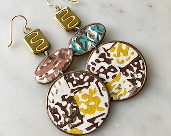 Mosaic Border (oval + circle) Statement Earrings - Lightweight Dangle -  Mid-century Modern Vintage Wallpaper Border Trim