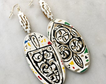 Confetti Trivet (oval) Statement Earrings Mid-century Modern Vintage Wallpaper Border Trim