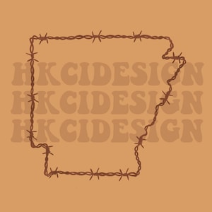 May include: A brown barbed wire outline of the state of Arkansas with the text "HKCIDESIGN" repeated three times.