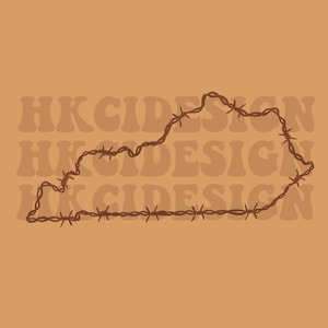 May include: A brown barbed wire outline of the state of Kentucky on a light brown background with the text "HKCIDESIGN" repeated three times.