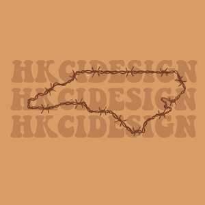 May include: A graphic design logo with the text "HK CIDESIGN" repeated three times. The text is in a retro font style. A barbed wire outline is shaped like the state of North Carolina.