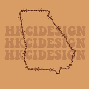 May include: A brown barbed wire outline of the state of Georgia, with the text "HKCIDESIGN" repeated three times in a brown font.