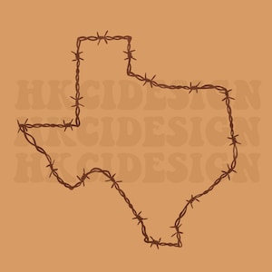May include: A brown barbed wire outline of the state of Texas. The outline is on a light brown background.