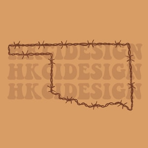 May include: A brown barbed wire outline of the state of Oklahoma on a tan background. The text "HKIDESIGN" is repeated three times in a retro font.