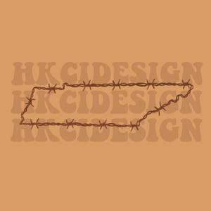 May include: A brown barbed wire outline of the state of Tennessee, with the text "HKCIDESIGN" repeated three times in a retro font.