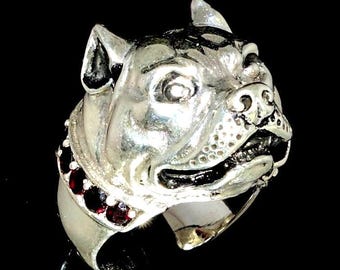 Sterlingzilveren pitbullring, rode granaatkraag