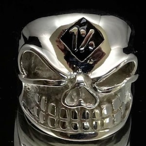 Sterling silver Biker ring One Percent symbol on Winking Bully Skull with Black enamel high polished 925 silver men&#39;s ring