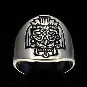 Sterling silver Maya Aztec symbol ring Mask hieroglyph ancient Mexico with Black enamel high polished 925 silver