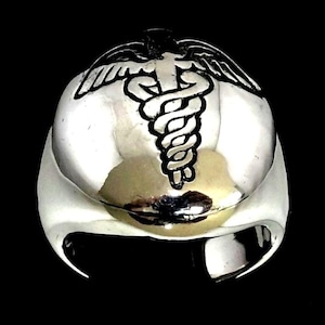 Sterling silver Caduceus symbol ring Winged Staff of Hermes with Black enamel high polished 925 silver