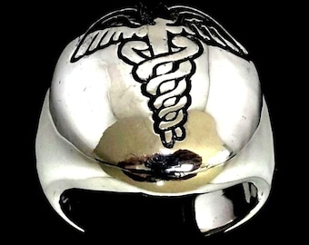 Sterling Silver Caduceus Ring: Winged Staff of Hermes, Black Enamel inlay