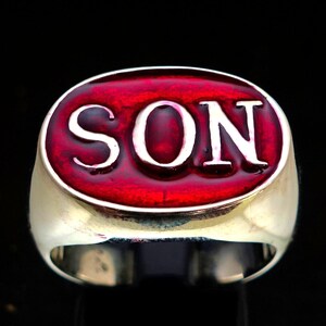 Oval Sterling silver letter ring SON one word capital letters with Red enamel high polished 925 silver