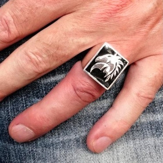 Sterling Silver Chess Knight Ring: Black Enamel, High Polish 