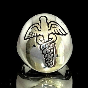 Sterling silver Caduceus ring Winged Staff of Hermes ancient Medical symbol high polished and antiqued 925 silver
