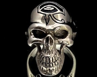 Sterling silver ring Eye of Ra on Grinning Skull ancient Egypt symbol Horus in Black enamel high polished 925 silver men's ring