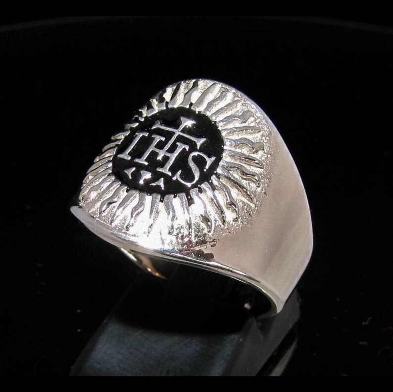 Sterling silver religious symbol ring IHS Christ monogram Three Nail Cross with Black enamel high polished 925 silver