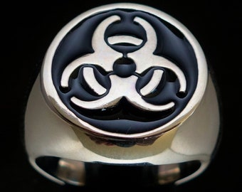 Sterling silver Bio Hazard symbol ring Toxic Waste Warning with Black enamel high polished 925 silver