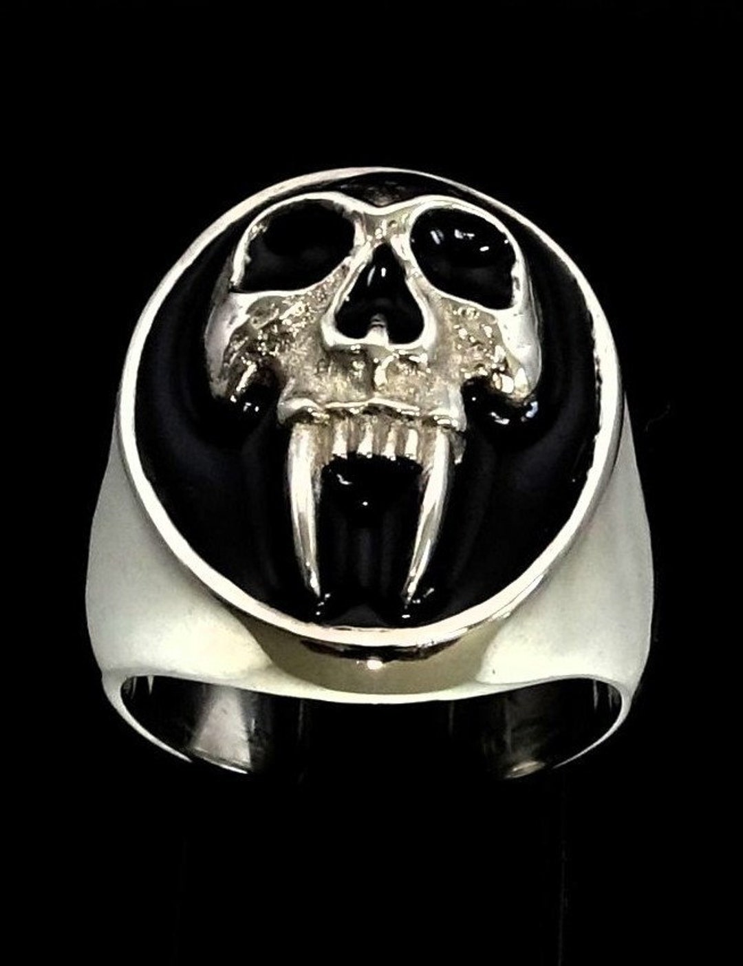 Vampire Rings Men Oval Sterling Silver Ring Big Fang Vampire Skull With Black Enamel High ...