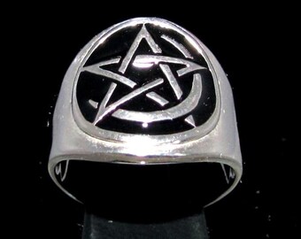 Sterling Silver Pentagram Crescent Moon Ring, Black Enamel