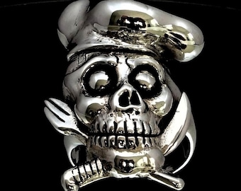 Sterling Silver Skull Ring: Chef with Crossed Knife & Fork