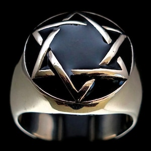 Sterling silver Hebrew symbol ring Hexagram Star of David on dome with Black enamel high polished 925 silver