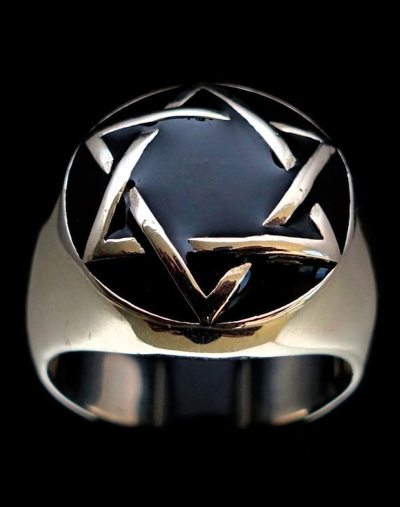 スターリングシルバーのダビデの星のリング：黒のエナメルドームに